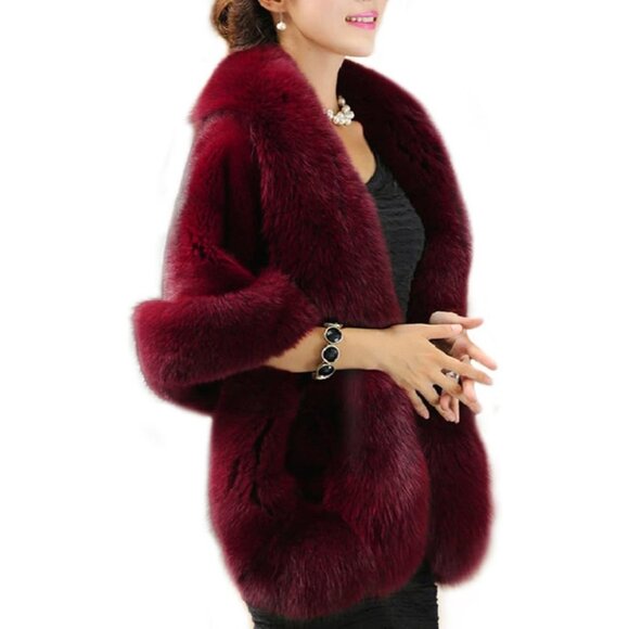 ✨Old Dlrd Women's Red Winter Faux Fur Coat Cloak Cape Shawl for Evening Party - Picture 1 of 7